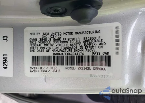 2010 Toyota Corolla S z USA, uszkodzony, nr VIN 1NXBU4EEXAZ344174